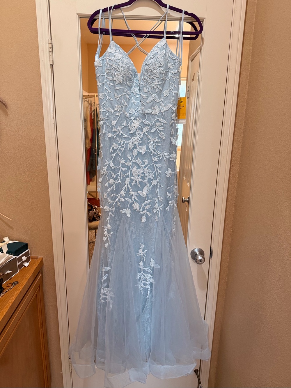 Light Blue Floral Lace Appliqué Prom Gown with Strappy Back